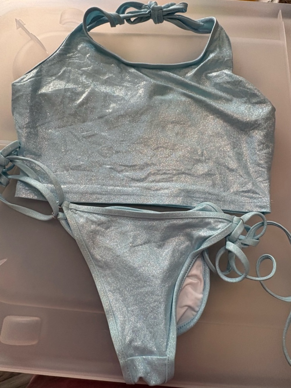 Frankie's Bikinis Light Blue Metallic Halter Bikini with Ruffle Skirt B22 - Picture 9 of 11